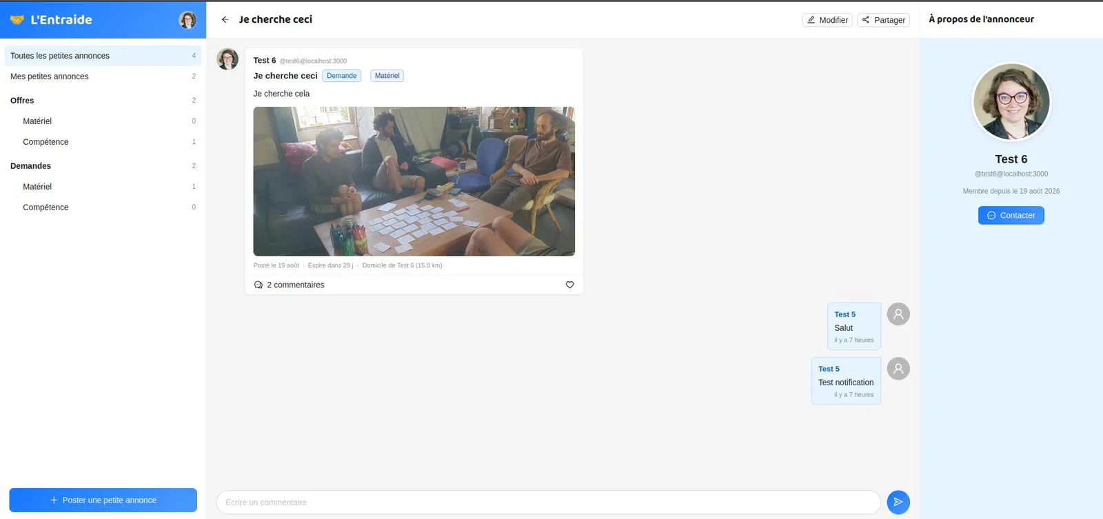 Une petite annonce dans L'Entraide : description, photo, commentaires et profil de l'annonceur